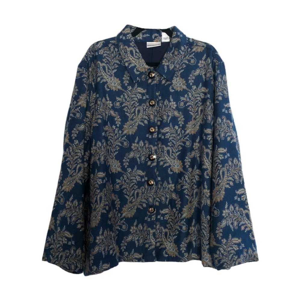 Fashion 2000s Y2K Plus Size Blue Gold Paisley Button Jacket size 26/28W